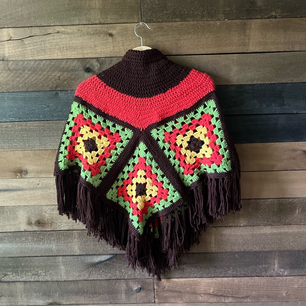 Vintage Handmade Crochet Granny Square Poncho with Fringe - Picture 6 of 8